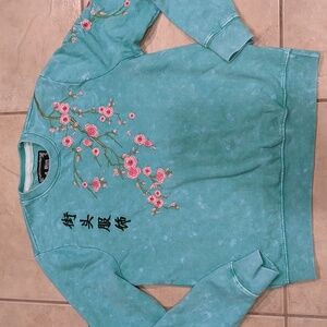 Floral Embroidered Crew Neck Sweater - Aqua